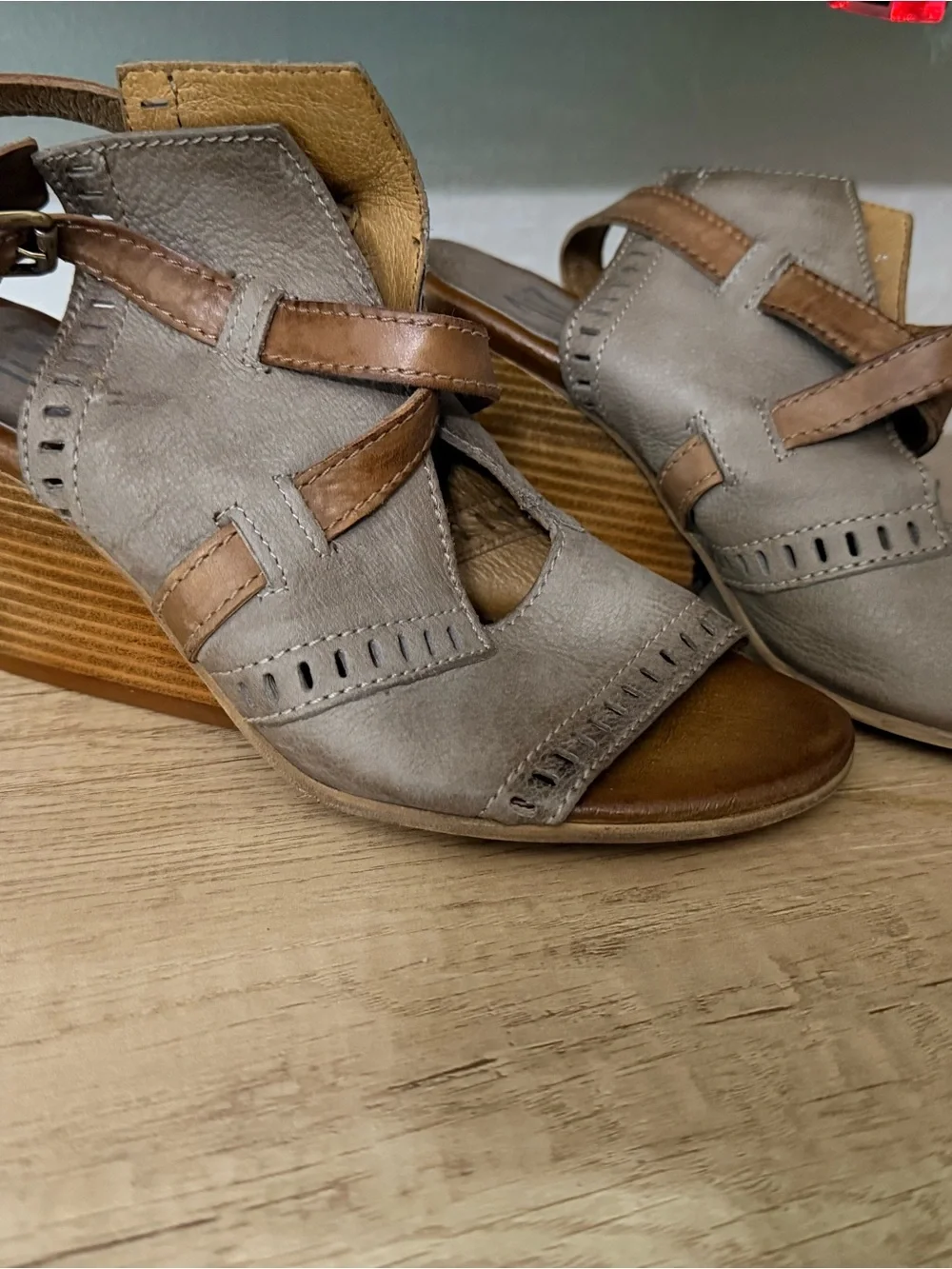 Miz Mooz Taupe and Tan Leather Wedge Sandals